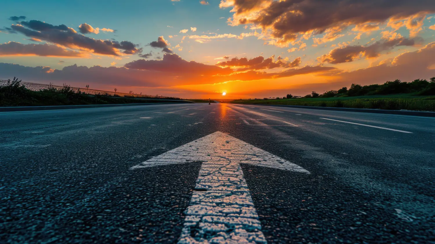 Weg zum Horizont. Konzept der anfänglichen Planung und Problemlösung oder des Karrierewegs, der Geschäftsstrategie, der Chancen und Veränderungen vor dem Hintergrund des Sonnenuntergangs.